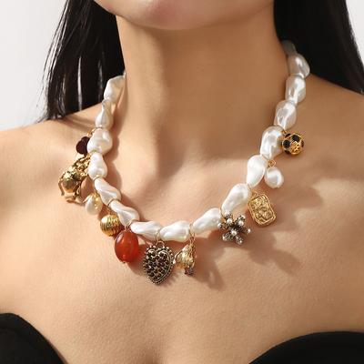 Tooxika Fashion Baroque Multi Pendant Necklace Insect Heart Faux Pearl Beaded Collar Chain