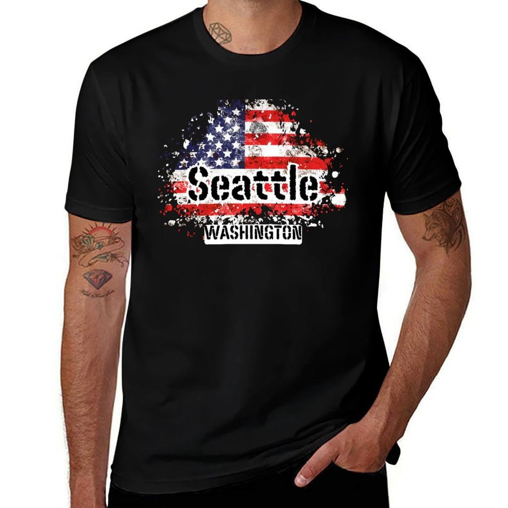 Seattle Washington State Distressed American Flag Tshirt Lightweight Gym Training Tshirt