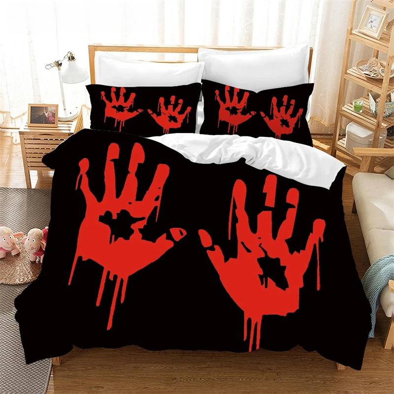 Halloween King Queen Bettbezug Horror Blood Hand Bettwäscheset für Teenager Gruselige rote Blutflecken 2/3-teilig Polyester Bettbezug