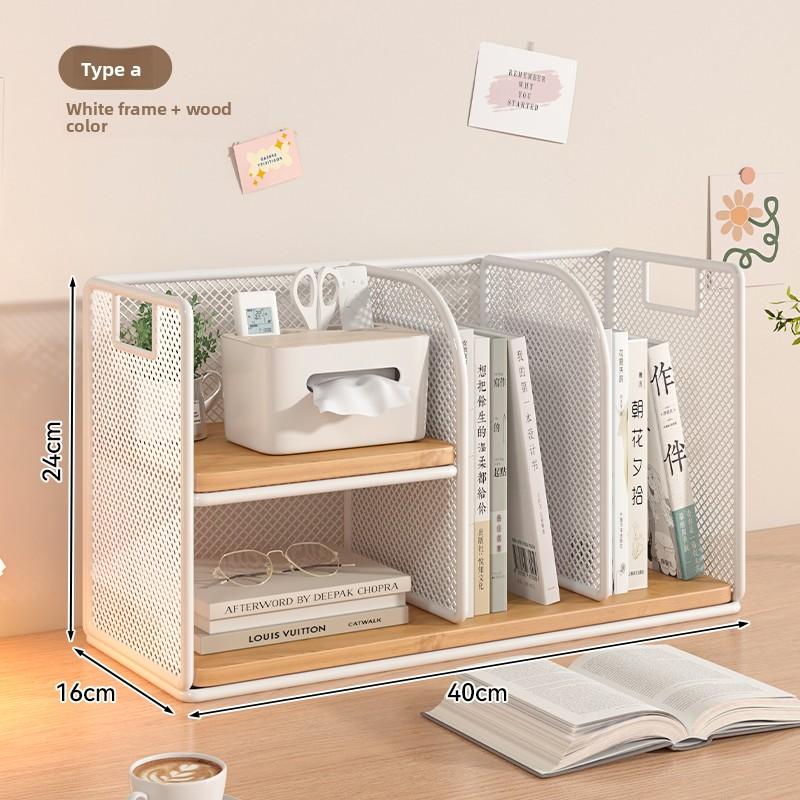 Dense Mesh Iron-Wood Multi-Tier Desktop Organizer Office Storage Rack Ventilated Space-Saving Multi-Function File Holder Shelf