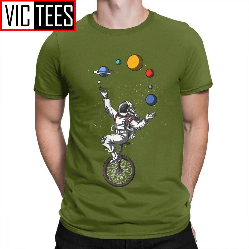 Man Men T Shirts Space Astronaut Riding Bicycle Juggling Solar System Planets Funny Short Sleeves Tees Tops Cotton T-Shirt