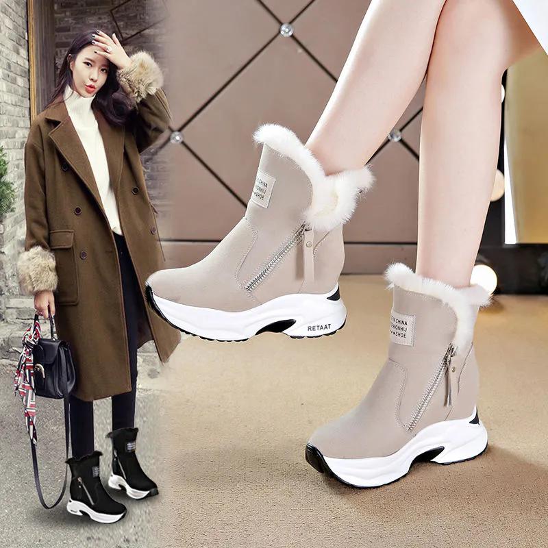 WTEMPO Women's Winter Cold-proof Non Slip Warm Plush Boots Autumn Faux Suede Mid Heel Solid Color Warm Snow Boots Ski Boots