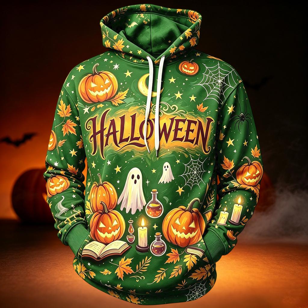 Men's Casual Hooded Long Sleeve Top with Halloween Print for Holiday Events