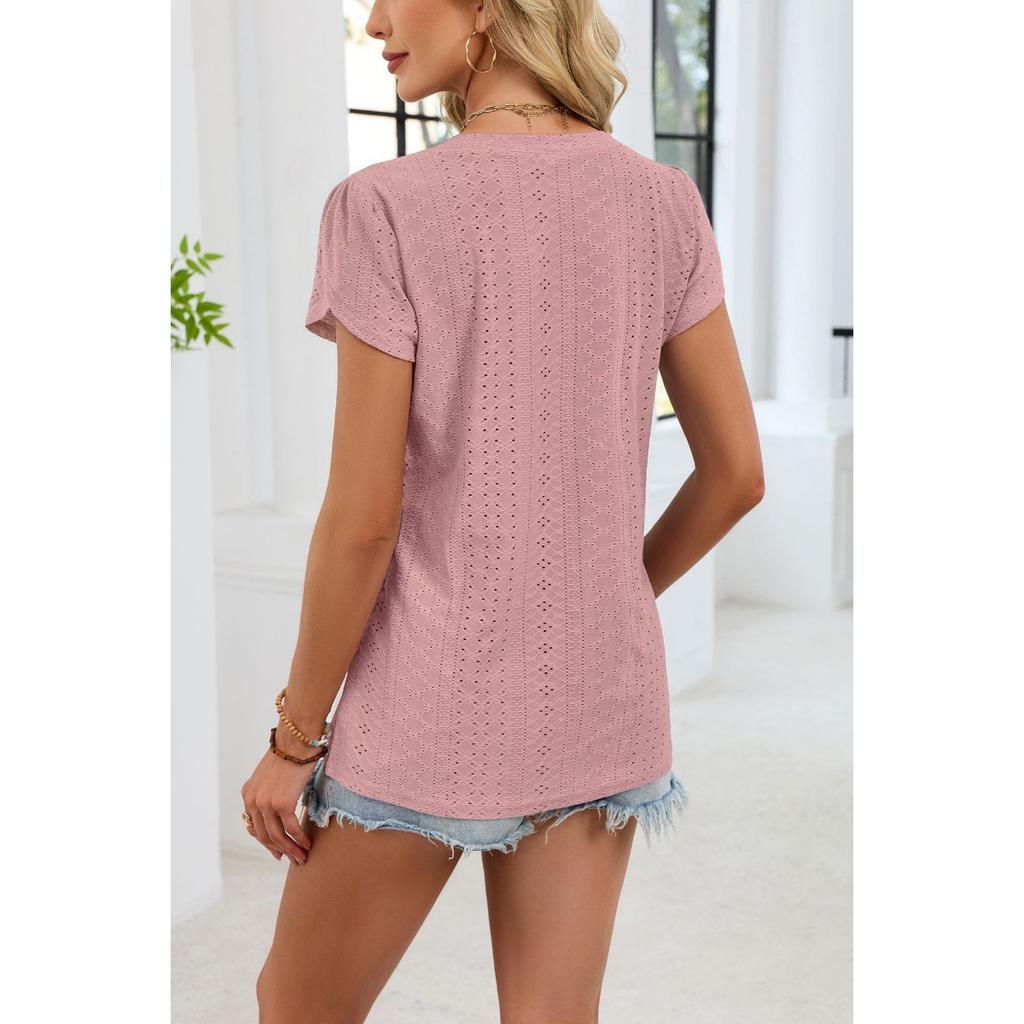 Summer Solid Color V-neck Tile Sleeve Loose Short Sleeve T-shirt Women's Tops Leisure Europe USA