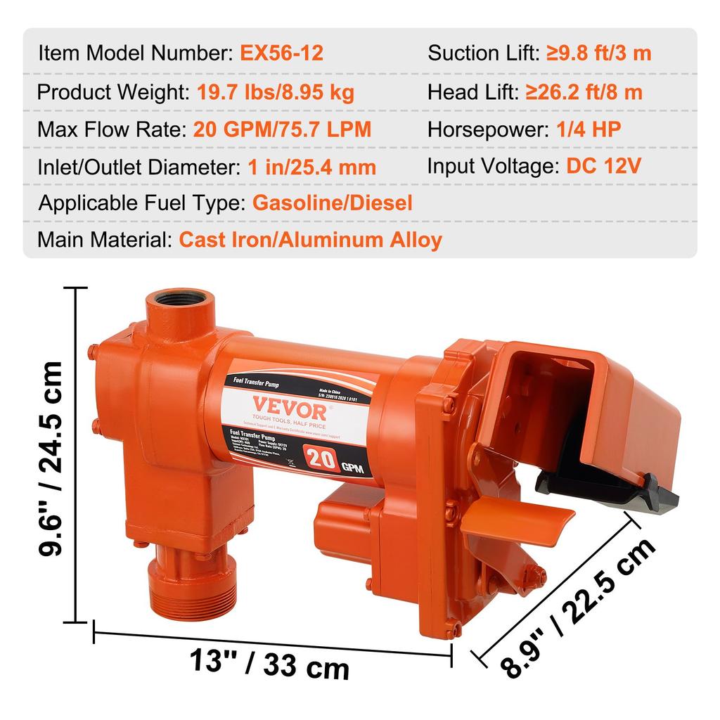 VEVOR Fuel Transfer Pump, 12V DC 20 GPM 1/4 HP, High Flow Cast Iron Gasoline Extractor Pump with Fuel Collection Box Design for Gasoline, Diesel