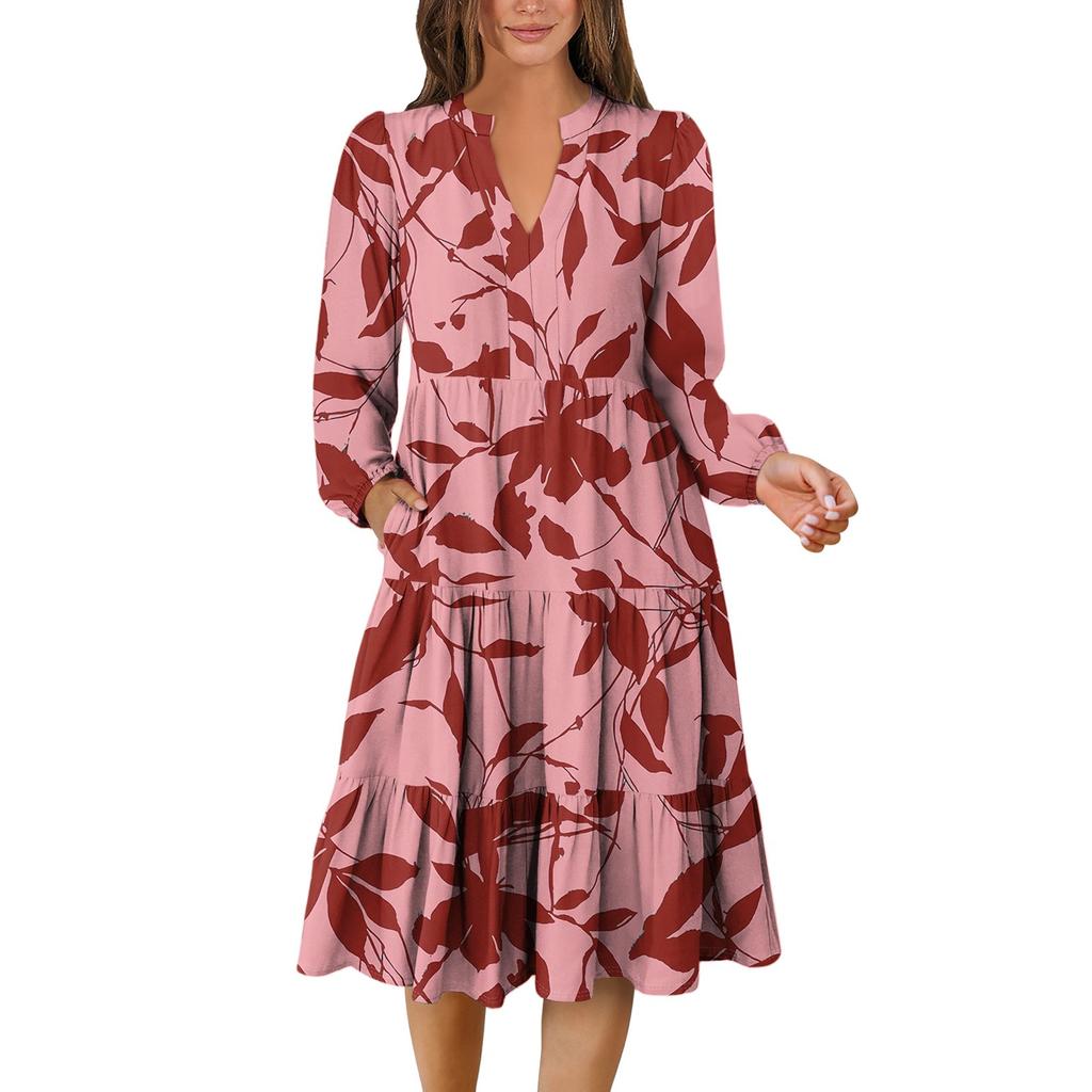 Women's V-Neck Flowing Layered Bohemian Long Sleeve Floral Print Dress