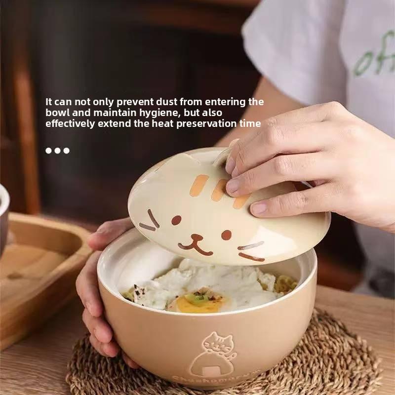 Creative Japanese Ceramic Soup Bowl Cute Cartoon Animals Cat Bowl with Lid Household Instant Noodles Rice Bowls Tableware
