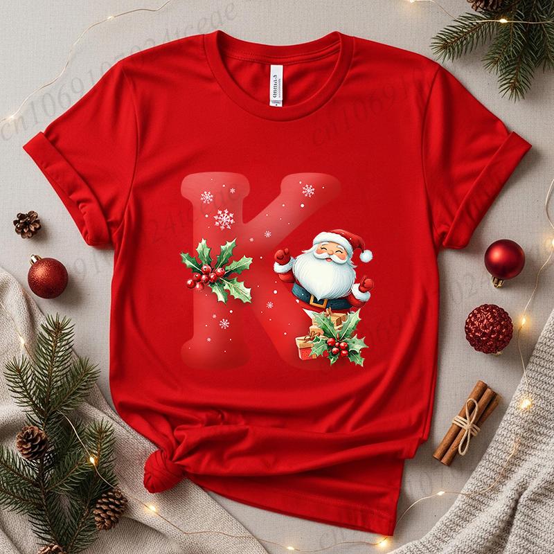 Christmas SantaAlphabet Letter Print T-shirt Short Sleeve Crew Neck Casual Top Kids Festive Holiday Women's Clothing Top