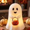 Indoor Outdoor Halloween Accents Cute Ghost Holding Pumpkin Bucket Table Lamp, Spooky Bedside Decorative Figurine for Party Small LED Night