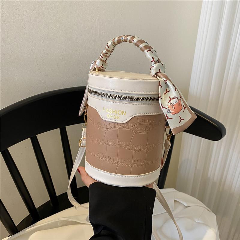 Cylinder Small Bag Women's 2025 New Crocodile Pattern Fashionable and Simple Handbag Silk Scarf Messenger Bag