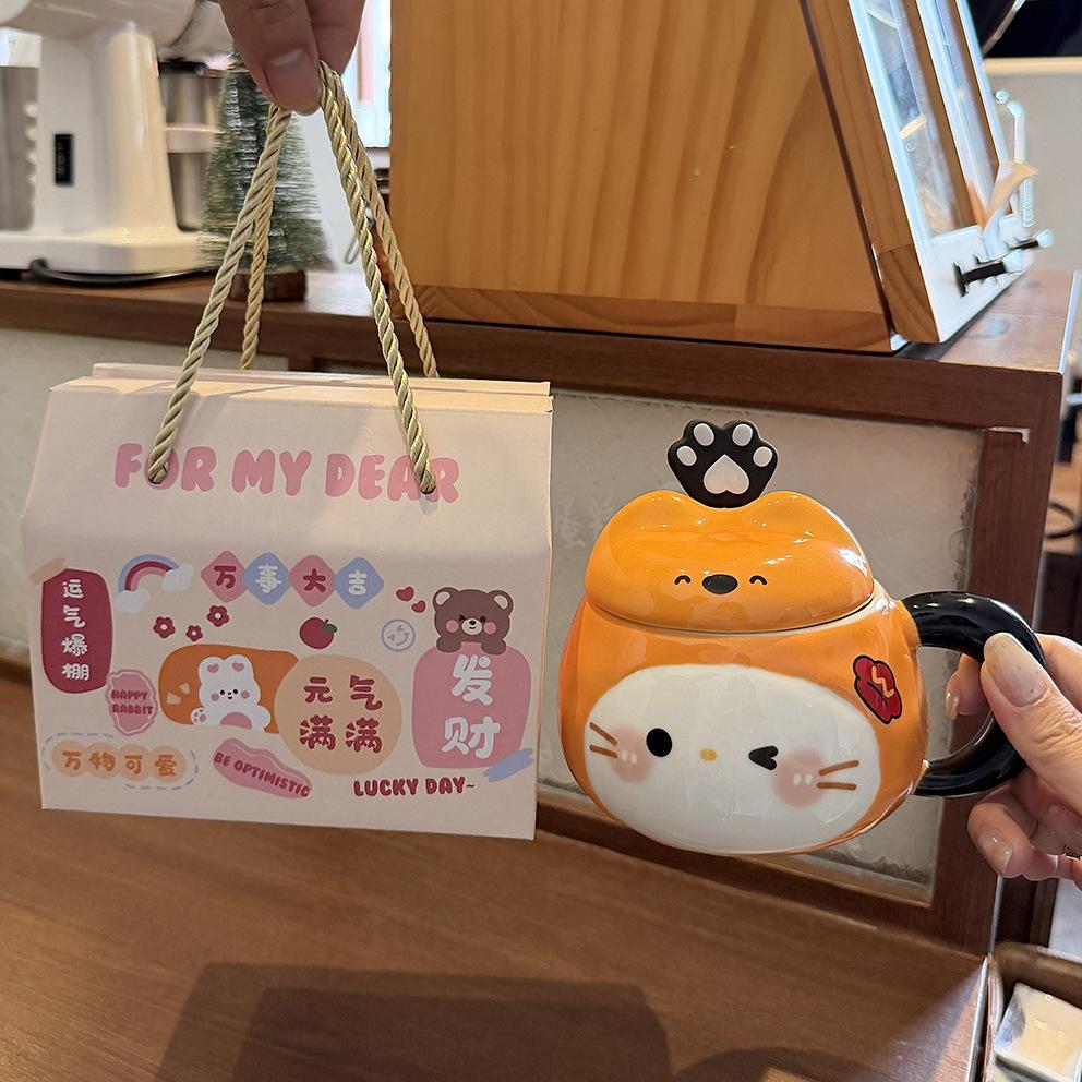 Katzenbecher mit Deckel Löffel hoher Wert Ins-Stil Paarbecher Keramik Trinkbecher für Mädchen Geburtstagsgeschenk