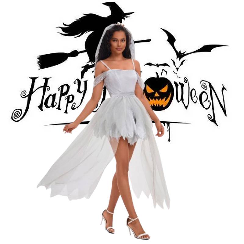 Bride Ghost White Gauze Long Dress Cosplay Costume Halloween Party Play Role