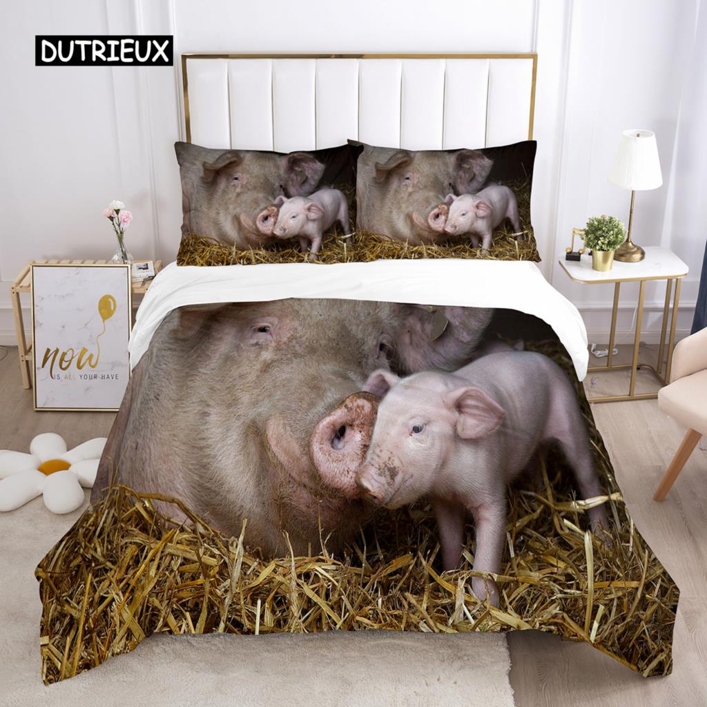Pig Duvet Cover Set Queen Size Microfiber Cute Pig Animal Theme Twin Bedding Set Farm Animal 2/3pcs Quilt Cover for Boys Girls
