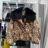Европейская зима новый леопардовый пуховик женский короткий с большим меховым воротником утепленный модный теплый жакет меховая куртка