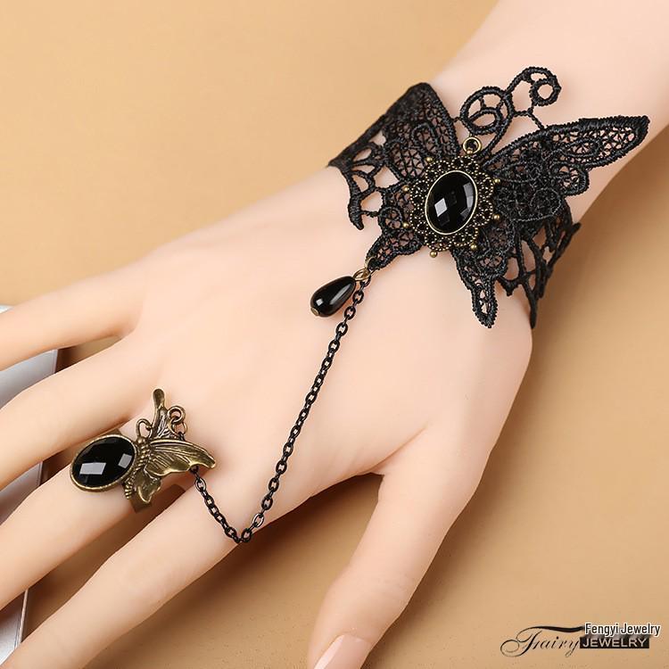 Spitze Punk Gothic Choker Armband mit Ring und Kette