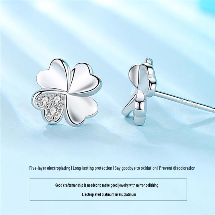 Korean Style Four-Leaf Clover Silver Stud Earrings for Women - Elegant Trendy Creative Jewelry