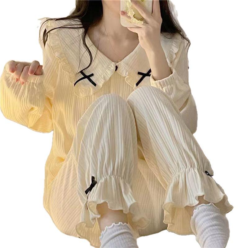 Women's Cute Korean Ins Doll Collar Bow Cardigan & Pants Set - Spring/Autumn Princess Style Loungewear