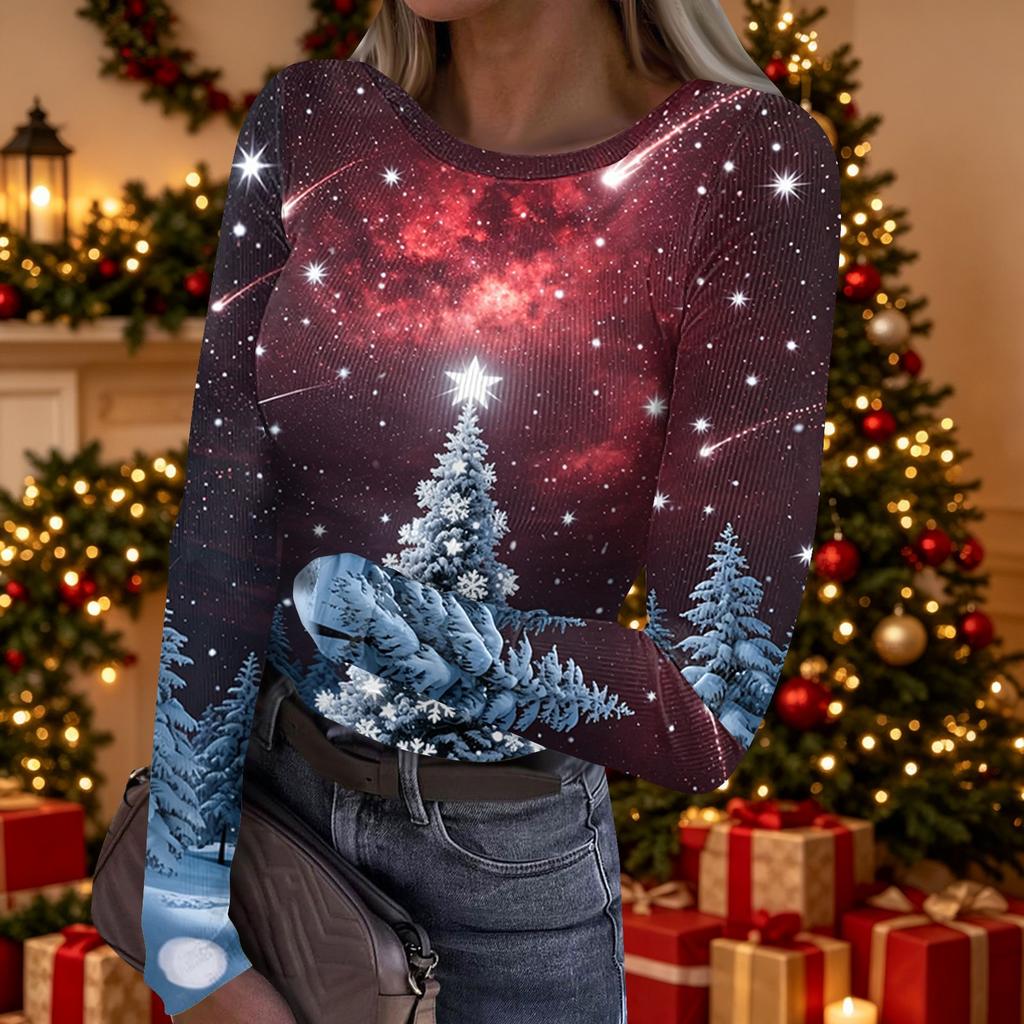 Women's Casual Christmas Print Long Sleeve Ribbed Top with Round Neck for Holiday Wear