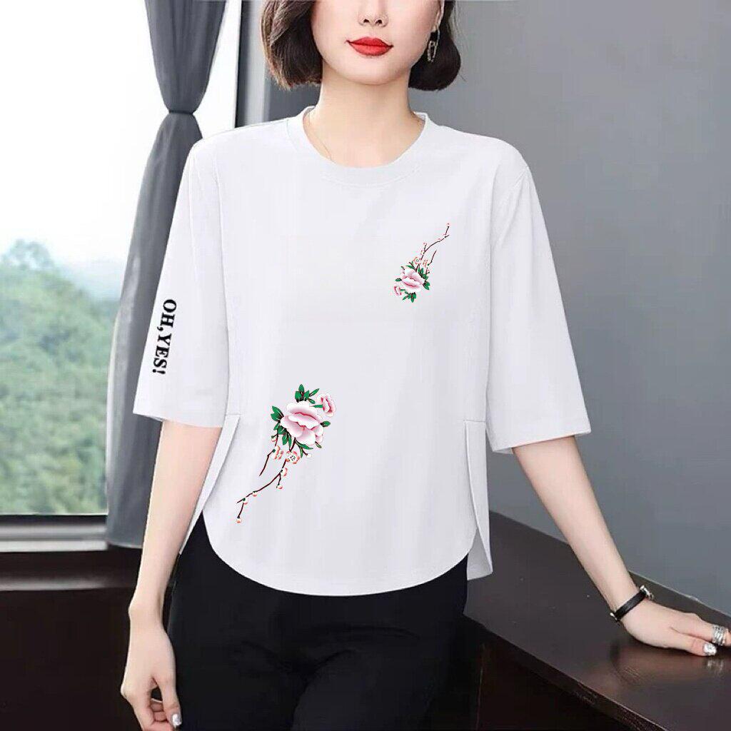 High-End Women's Printed 3/4 Sleeve T-Shirt - Loose, Flattering, Age-Defying Design for Middle-Aged and Elderly