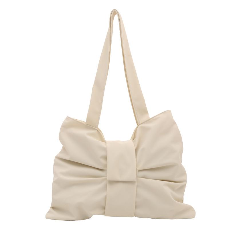 Korean Retro Solid Color Pleated Bow Shoulder Bags for Women Large Capacity Ladies Tote Bag Simple Student Handbags with Zipper