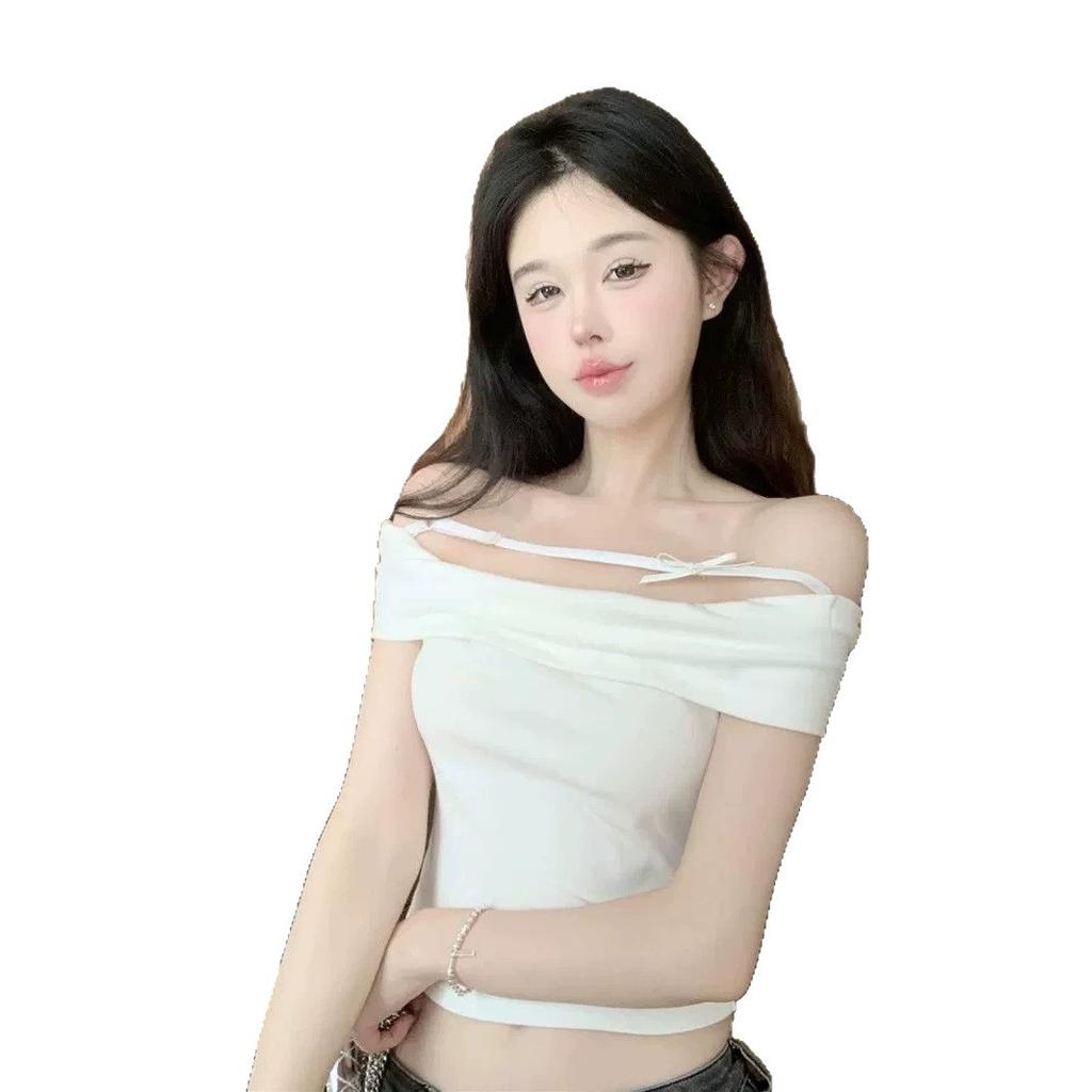 One-word Shoulder Sweet Spice Girl Bow Short-sleeved T-shirt Women's Summer Design Sense Slim and Thin Pure Shoulder Short Top