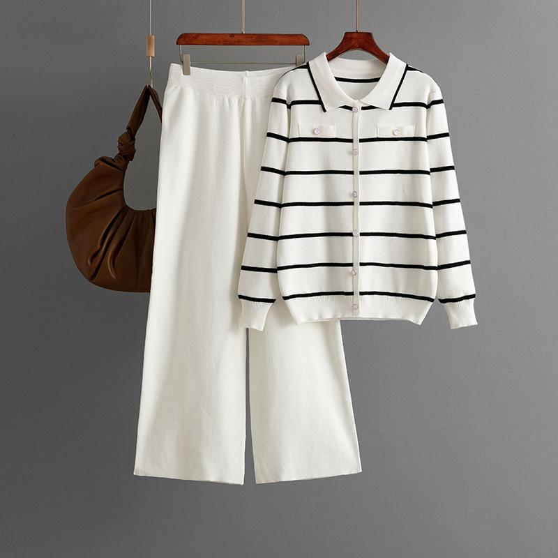 A Two-piece Set of Fashionable Polo Collar Striped Knitted Single-breasted Sweater and Casual Wide-leg Pants for Women