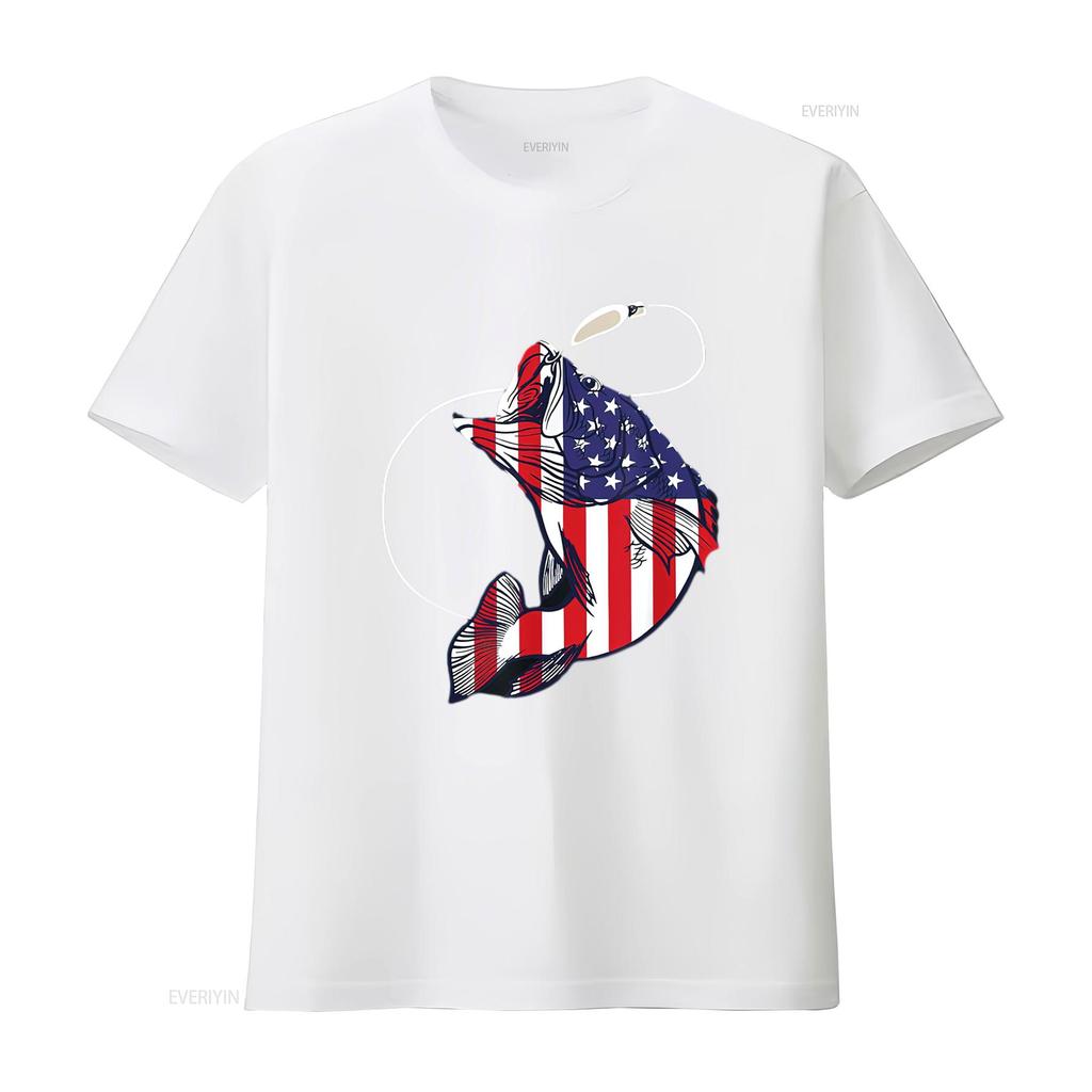Bassfischen Fisch Amerikanische Flagge Patriotisch Vierter Juli Herren T-Shirt Weiß Vintage Gewaschen Dehnbar Oberteil Für Den Alltag