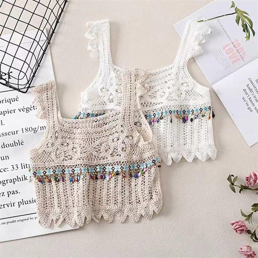 

Neck Knitted Beachwear Hollow Sleeveless Women Camisoles Bikini Tanks Bralette Crochet Crop Tops