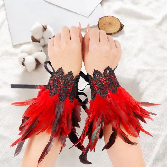 1 Pair Gothic Feather Wrist Cuff Gloves Feather Lace-Up Ribbons Halloween Party