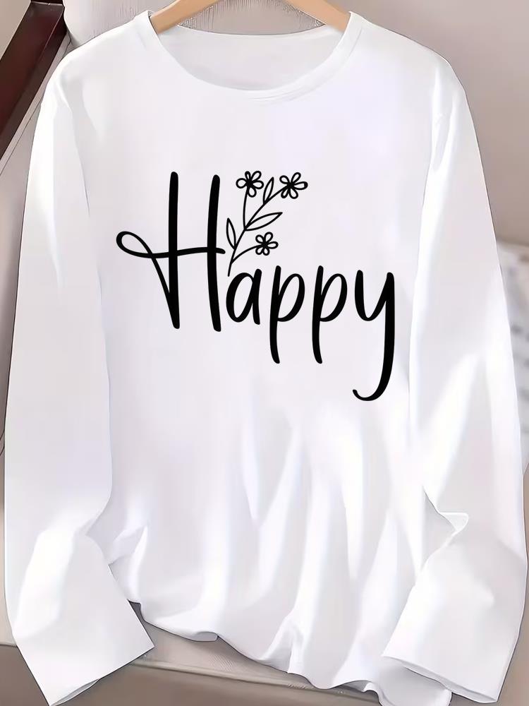 (Asian Size) Letter Cute Autumn Winter Spring Women Female Clothing Casual Tee Lady Printed O-neck Long Sleeve T Shirt  Fashion Top Graphic T-shirts