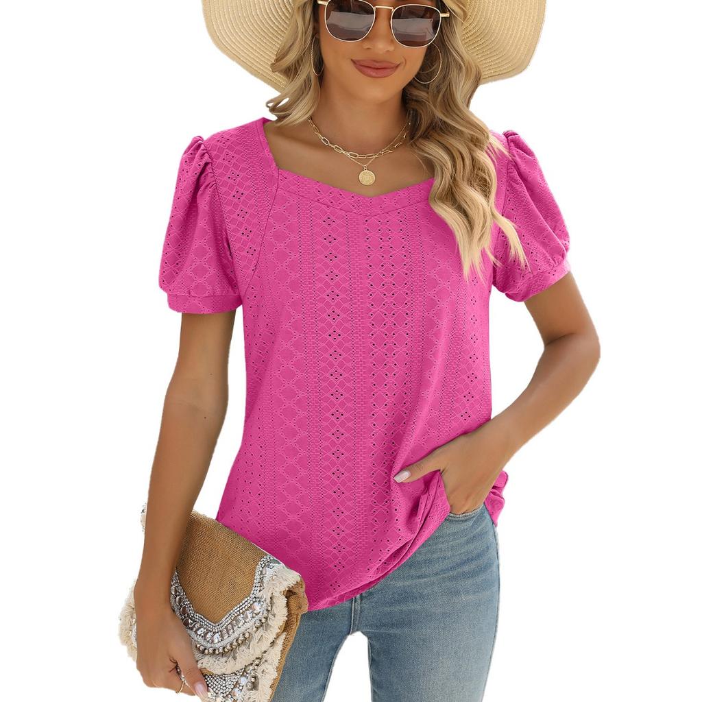 Spring Summer New Women's Solid Color Square Neck Puff Short Sleeve T-shirt Loose Casual Top For European American Cross-border