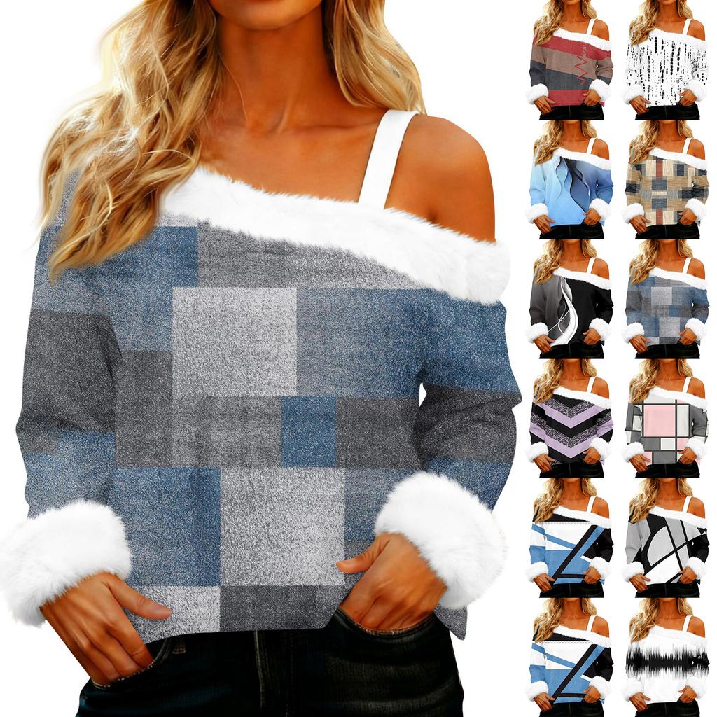 Women's Off-the-shoulder Plush Neck Printed Long-sleeved Pullover T-shirt Top