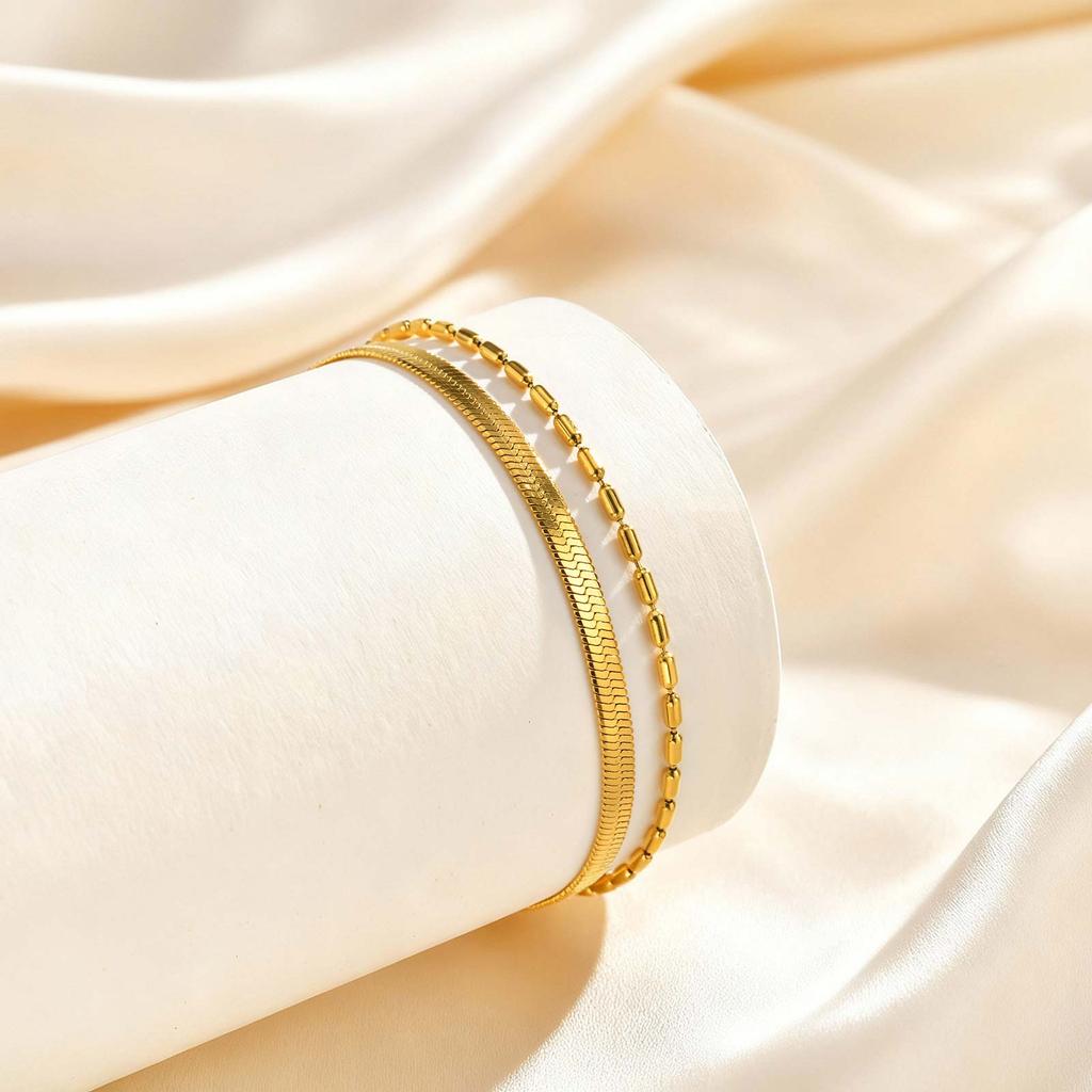 Dainty Bamboo Chain Flat Snake Chain Bracelet for Women,Gold Color Stainless Steel Double Layer Bracelets,Fashion Jewelry Gift
