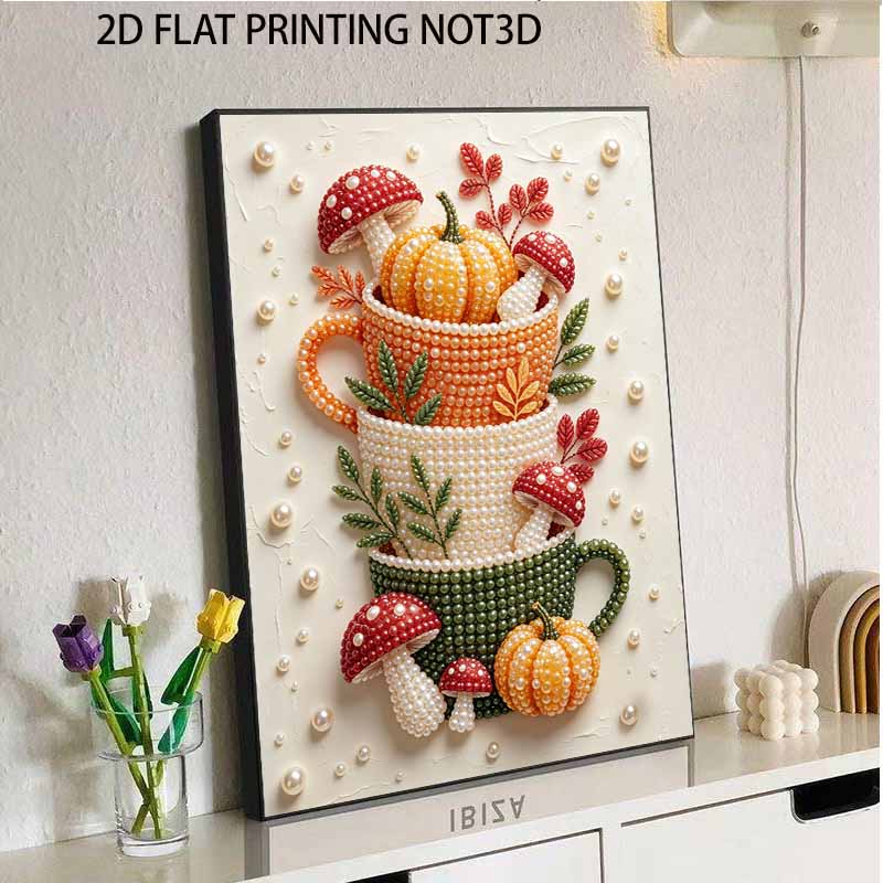 Herbstkürbis Pilz Tasse Rahmenloses Perlenmalerei-Set 3D Perlen Leinwand Kunst Romantische Wohnwanddekoration Basteln DIY Handgemacht Thanksgiving Dekoration