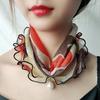 Scarf Painting Print Imitation Pearl Durable Ruffle Edge Lady Headscarf for Banquet