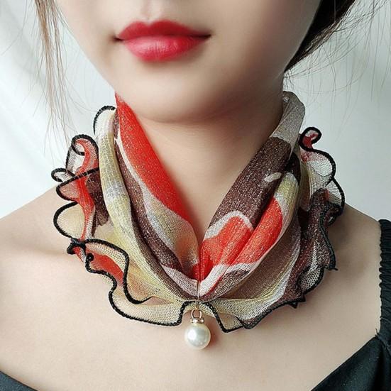 Scarf Painting Print Imitation Pearl Durable Ruffle Edge Lady Headscarf for Banquet