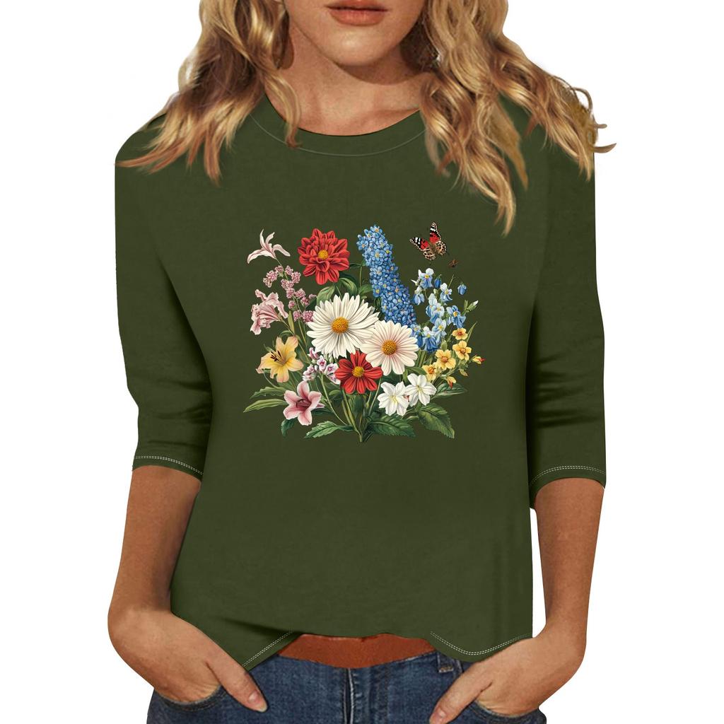 Women's Fashion Casual Seven-Point Sleeve Print Round Neck Top