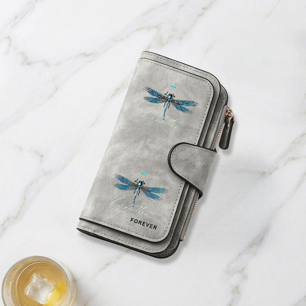 Fashionable long wallet with blue dragonfly and snowflake print design eye catching multifunctional portable coin purse with clasp large capacity