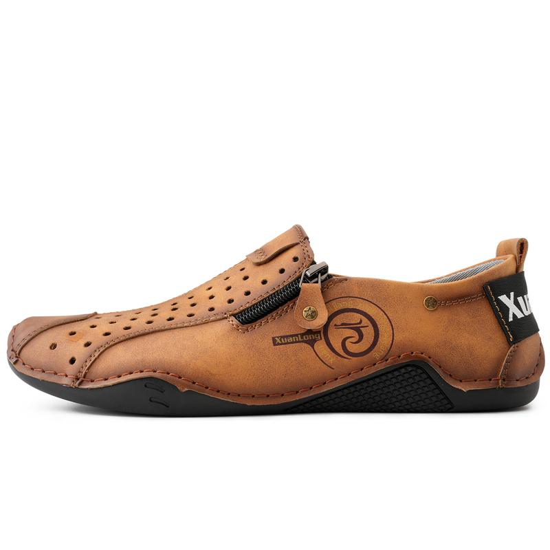 New Hand Sewn Fashionable Casual Shoe Men Cozy Non-slip Soft Cool Lighted Breathable Hollow Out Side Zipper Large Size Loafers