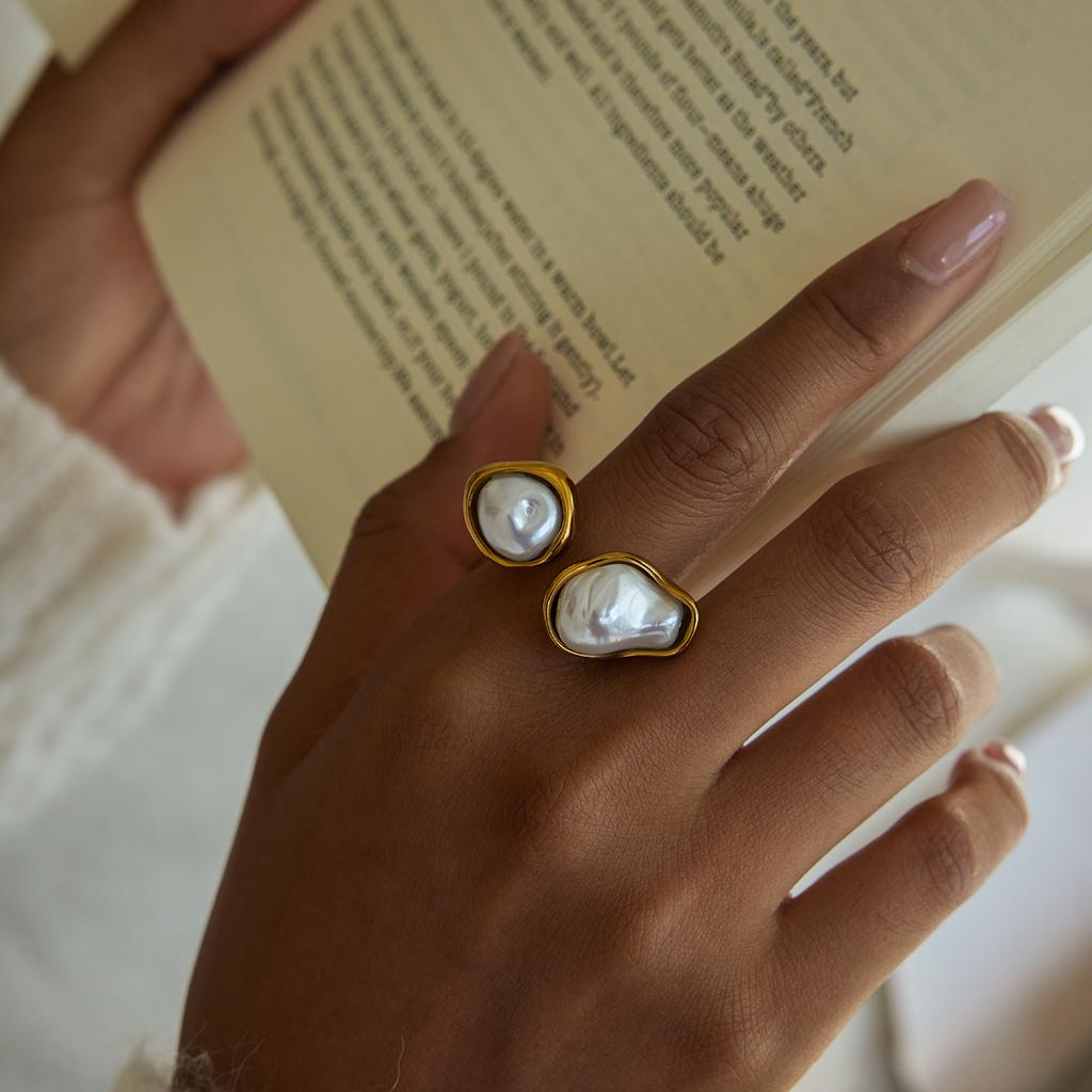 Yori Baroque Shaped Imitation Pearl Asymmetrical Open Ring Water Resistant Texture Fashion Daily Jewelry Waterproof