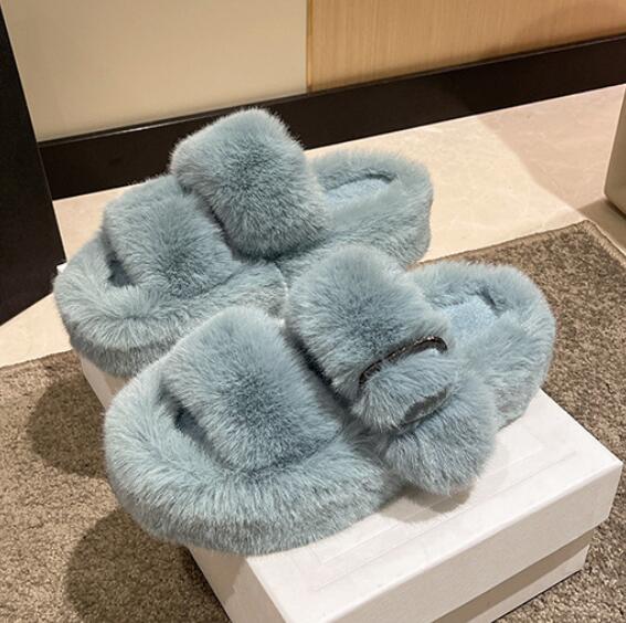 Fashion Fairy Girls Fur Pantuflas Women Big Size 42/43 Shoes Winter White Wool Slides Home Flats Platform Loafers Buckle Strap Sandals
