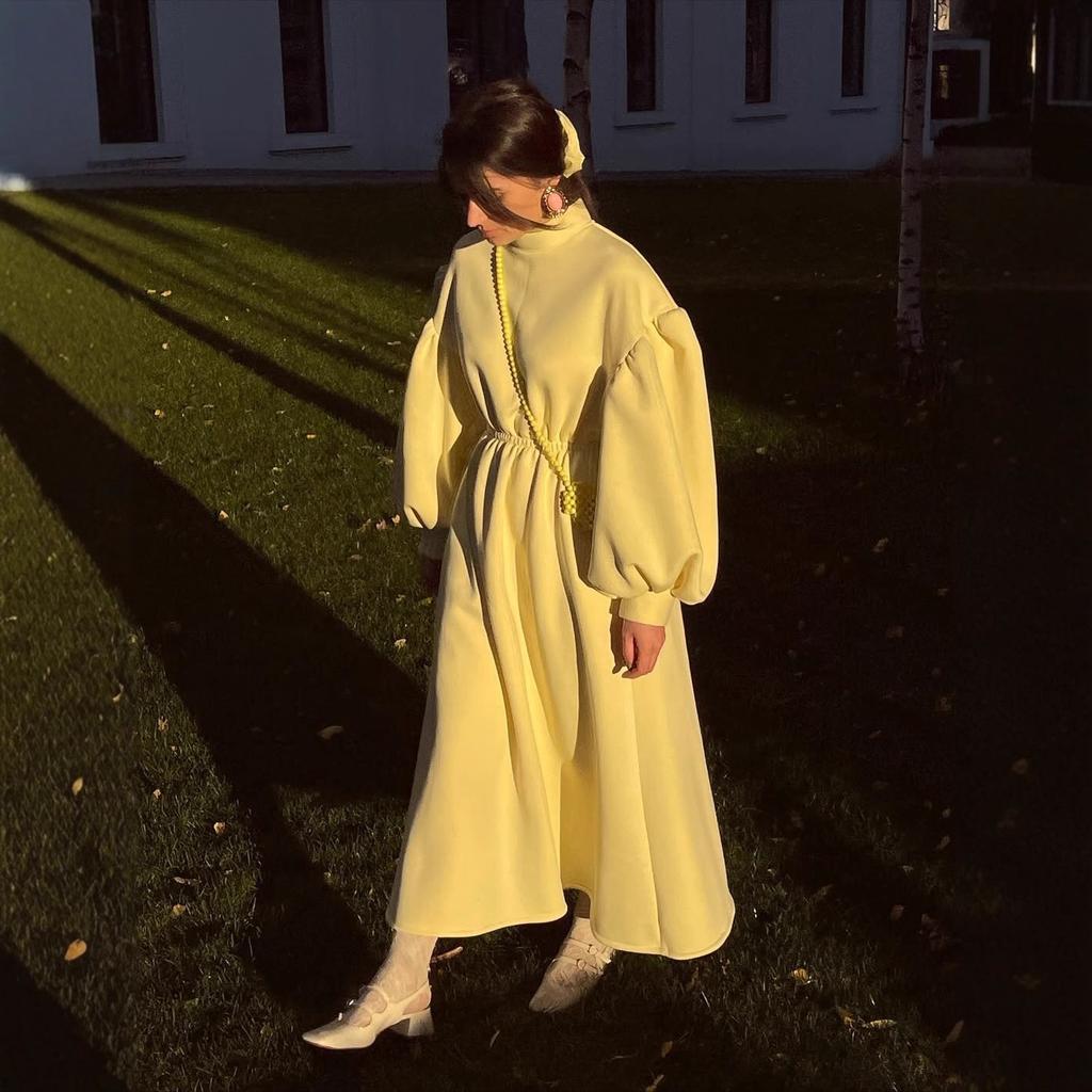 European and American women's clothing autumn and winter new fashion lantern sleeves slim casual pendulum A-shaped dress long dress