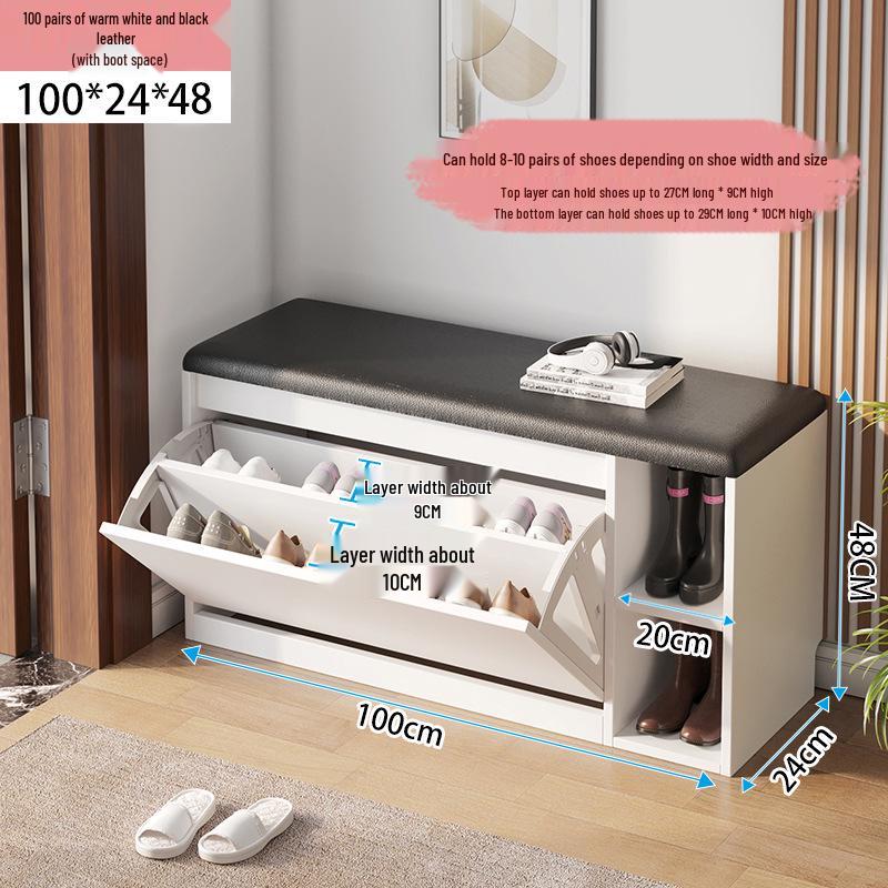 Shoe Storage Bench with Flip-Top Cabinet and Integrated Stool for Entryway