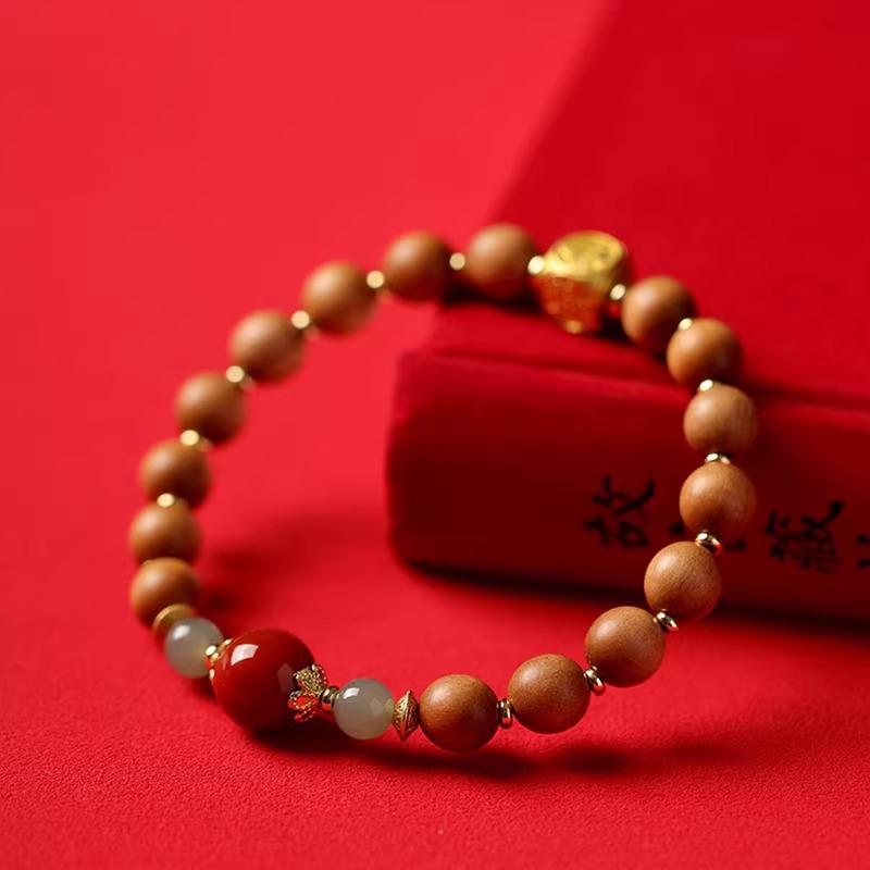 Natural Sandalwood Bracelet, Green Sandalwood, Chinese Cypress, Hetian Jade, and Southern Red Agate Bracelet for Women, New Chinese-style Jewelry,