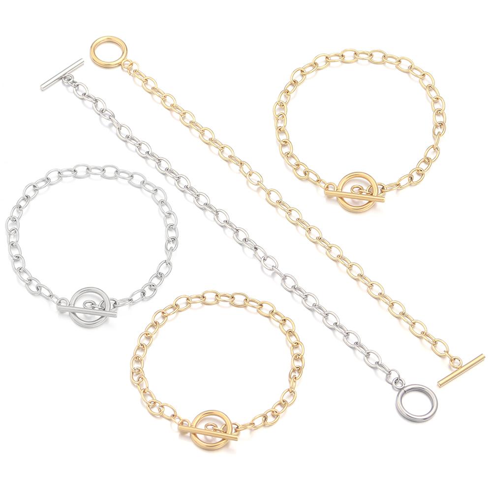 2pcs/lot Gold Color Stainless Steel Round OT Clasps Chain Bracelets For DIY Men Women Fashion Bracelets Jewelry Gift Accessories