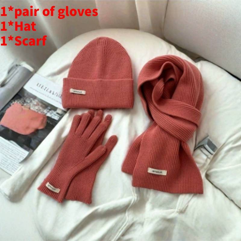 Baumwollstrick Wintermütze Schal Handschuhe Set Für Damen Mit Strukturmuster