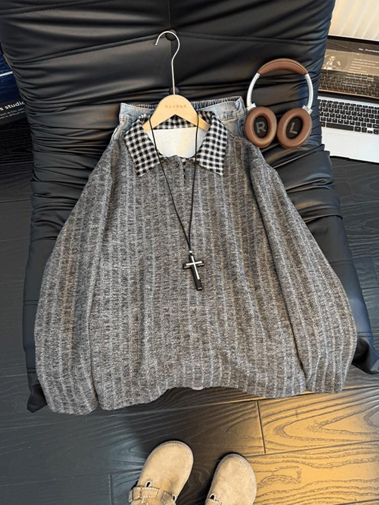 Men s Winter Heavyweight Herringbone Houndstooth Polo Sweatshirt Large