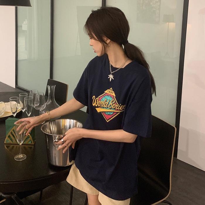 

Pure cotton Harajuku short-sleeved t-shirt women s new summer casual loose ins niche thin top M тёмно-синий