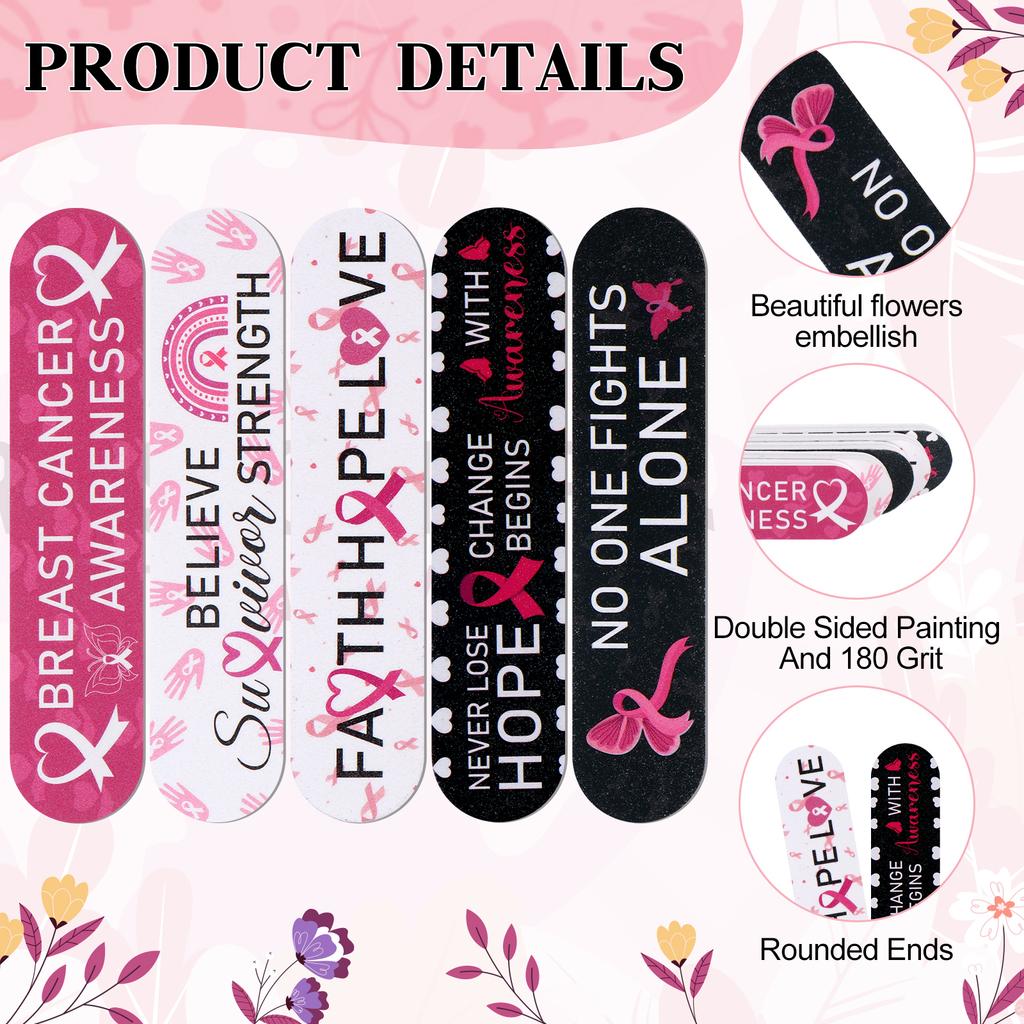 50 Pcs Breast Cancer Gifts For Women Nail Files Emery Board Pink Ribbon Nail Buffering Files Manicure Tools For Breast Cancer Aw