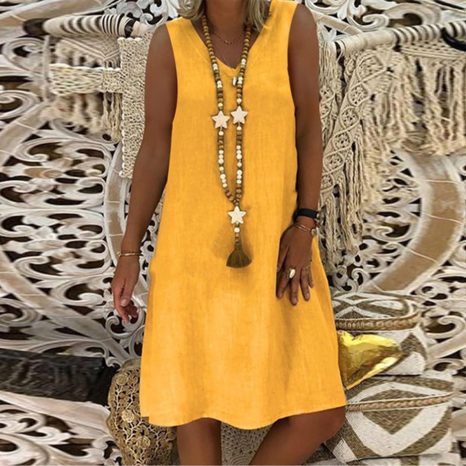

Женское летнее повседневное однотонное свободное платье без рукавов с v-образным вырезом XL жёлтый